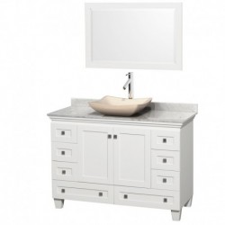 48 inch Single Bathroom Vanity in White, White Carrera Marble Countertop, Avalon Ivory Marble Sink, and 24 inch Mirror