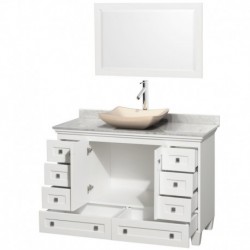 48 inch Single Bathroom Vanity in White, White Carrera Marble Countertop, Avalon Ivory Marble Sink, and 24 inch Mirror