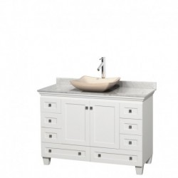 48 inch Single Bathroom Vanity in White, White Carrera Marble Countertop, Avalon Ivory Marble Sink, and No Mirror