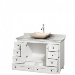 48 inch Single Bathroom Vanity in White, White Carrera Marble Countertop, Avalon Ivory Marble Sink, and No Mirror