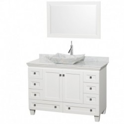48 inch Single Bathroom Vanity in White, White Carrera Marble Countertop, Avalon White Carrera Marble Sink, and 24 inch Mirror