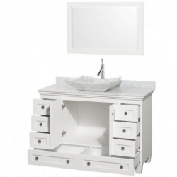 48 inch Single Bathroom Vanity in White, White Carrera Marble Countertop, Avalon White Carrera Marble Sink, and 24 inch Mirror