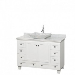 48 inch Single Bathroom Vanity in White, White Carrera Marble Countertop, Avalon White Carrera Marble Sink, and No Mirror