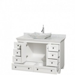 48 inch Single Bathroom Vanity in White, White Carrera Marble Countertop, Avalon White Carrera Marble Sink, and No Mirror