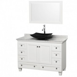 48 inch Single Bathroom Vanity in White, White Carrera Marble Countertop, Arista Black Granite Sink, and 24 inch Mirror