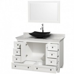 48 inch Single Bathroom Vanity in White, White Carrera Marble Countertop, Arista Black Granite Sink, and 24 inch Mirror