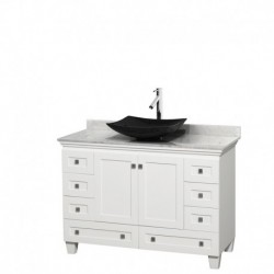 48 inch Single Bathroom Vanity in White, White Carrera Marble Countertop, Arista Black Granite Sink, and No Mirror