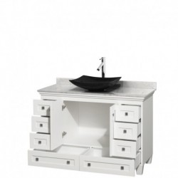 48 inch Single Bathroom Vanity in White, White Carrera Marble Countertop, Arista Black Granite Sink, and No Mirror