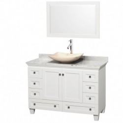 48 inch Single Bathroom Vanity in White, White Carrera Marble Countertop, Arista Ivory Marble Sink, and 24 inch Mirror