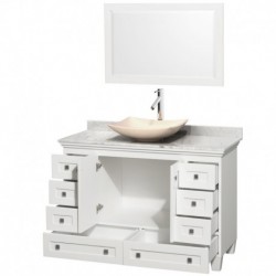 48 inch Single Bathroom Vanity in White, White Carrera Marble Countertop, Arista Ivory Marble Sink, and 24 inch Mirror
