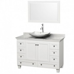 48 inch Single Bathroom Vanity in White, White Carrera Marble Countertop, Arista White Carrera Marble Sink, and 24 inch Mirror