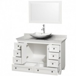 48 inch Single Bathroom Vanity in White, White Carrera Marble Countertop, Arista White Carrera Marble Sink, and 24 inch Mirror