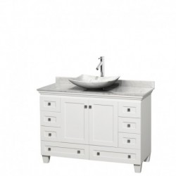 48 inch Single Bathroom Vanity in White, White Carrera Marble Countertop, Arista White Carrera Marble Sink, and No Mirror