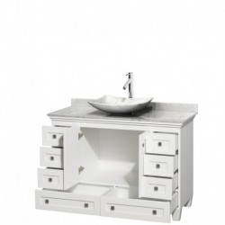 48 inch Single Bathroom Vanity in White, White Carrera Marble Countertop, Arista White Carrera Marble Sink, and No Mirror