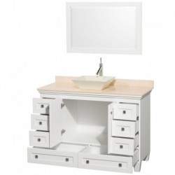 48 inch Single Bathroom Vanity in White, Ivory Marble Countertop, Pyra Bone Sink, and 24 inch Mirror