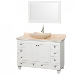 48 inch Single Bathroom Vanity in White, Ivory Marble Countertop, Avalon Ivory Marble Sink, and 24 inch Mirror