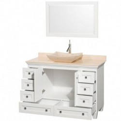 48 inch Single Bathroom Vanity in White, Ivory Marble Countertop, Avalon Ivory Marble Sink, and 24 inch Mirror
