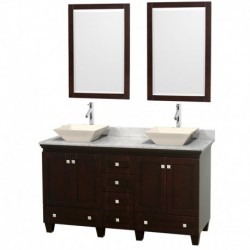 60 inch Double Bathroom Vanity in Espresso, White Carrera Marble Countertop, Pyra Bone Sinks, and 24 inch Mirrors