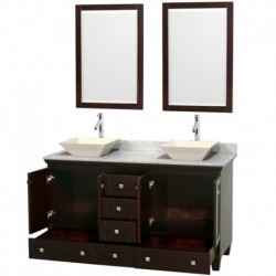 60 inch Double Bathroom Vanity in Espresso, White Carrera Marble Countertop, Pyra Bone Sinks, and 24 inch Mirrors