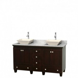 60 inch Double Bathroom Vanity in Espresso, White Carrera Marble Countertop, Pyra Bone Sinks, and No Mirrors