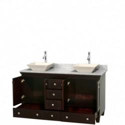 60 inch Double Bathroom Vanity in Espresso, White Carrera Marble Countertop, Pyra Bone Sinks, and No Mirrors