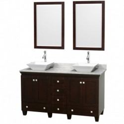 60 inch Double Bathroom Vanity in Espresso, White Carrera Marble Countertop, Pyra White Sinks, and 24 inch Mirrors