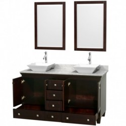 60 inch Double Bathroom Vanity in Espresso, White Carrera Marble Countertop, Pyra White Sinks, and 24 inch Mirrors