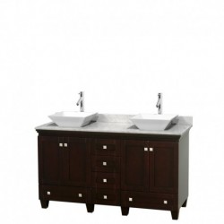 60 inch Double Bathroom Vanity in Espresso, White Carrera Marble Countertop, Pyra White Sinks, and No Mirrors