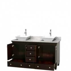 60 inch Double Bathroom Vanity in Espresso, White Carrera Marble Countertop, Pyra White Sinks, and No Mirrors