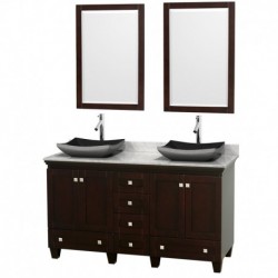 60 inch Double Bathroom Vanity in Espresso, White Carrera Marble Countertop, Altair Black Granite Sinks, and 24 inch Mirrors