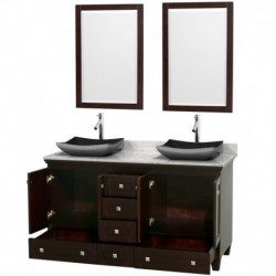 60 inch Double Bathroom Vanity in Espresso, White Carrera Marble Countertop, Altair Black Granite Sinks, and 24 inch Mirrors
