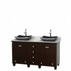 60 inch Double Bathroom Vanity in Espresso, White Carrera Marble Countertop, Altair Black Granite Sinks, and No Mirrors