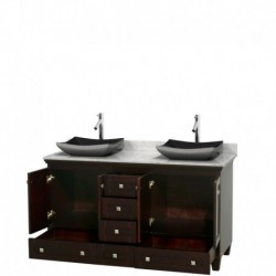60 inch Double Bathroom Vanity in Espresso, White Carrera Marble Countertop, Altair Black Granite Sinks, and No Mirrors