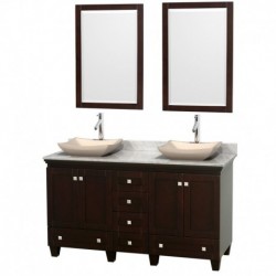 60 inch Double Bathroom Vanity in Espresso, White Carrera Marble Countertop, Avalon Ivory Marble Sinks, and 24 inch Mirrors