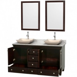 60 inch Double Bathroom Vanity in Espresso, White Carrera Marble Countertop, Avalon Ivory Marble Sinks, and 24 inch Mirrors