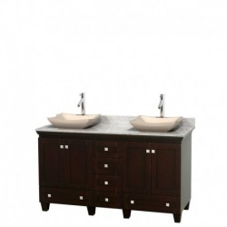 60 inch Double Bathroom Vanity in Espresso, White Carrera Marble Countertop, Avalon Ivory Marble Sinks, and No Mirrors