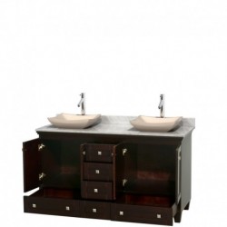 60 inch Double Bathroom Vanity in Espresso, White Carrera Marble Countertop, Avalon Ivory Marble Sinks, and No Mirrors