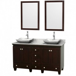 60 inch Double Bathroom Vanity in Espresso, White Carrera Marble Countertop, Avalon White Carrera Marble Sinks, and 24 inch Mir