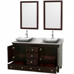 60 inch Double Bathroom Vanity in Espresso, White Carrera Marble Countertop, Avalon White Carrera Marble Sinks, and 24 inch Mir