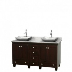 60 inch Double Bathroom Vanity in Espresso, White Carrera Marble Countertop, Avalon White Carrera Marble Sinks, and No Mirrors