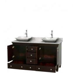 60 inch Double Bathroom Vanity in Espresso, White Carrera Marble Countertop, Avalon White Carrera Marble Sinks, and No Mirrors