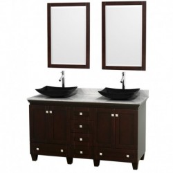 60 inch Double Bathroom Vanity in Espresso, White Carrera Marble Countertop, Arista Black Granite Sinks, and 24 inch Mirrors