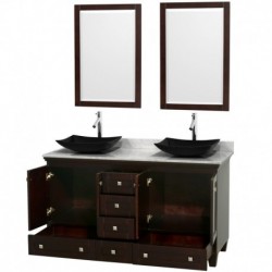 60 inch Double Bathroom Vanity in Espresso, White Carrera Marble Countertop, Arista Black Granite Sinks, and 24 inch Mirrors