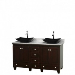 60 inch Double Bathroom Vanity in Espresso, White Carrera Marble Countertop, Arista Black Granite Sinks, and No Mirrors
