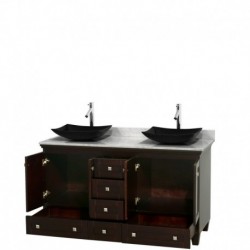 60 inch Double Bathroom Vanity in Espresso, White Carrera Marble Countertop, Arista Black Granite Sinks, and No Mirrors