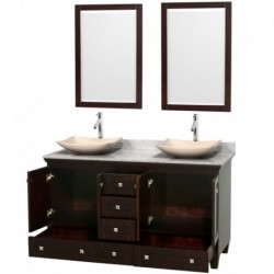 60 inch Double Bathroom Vanity in Espresso, White Carrera Marble Countertop, Arista Ivory Marble Sinks, and 24 inch Mirrors