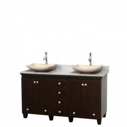 60 inch Double Bathroom Vanity in Espresso, White Carrera Marble Countertop, Arista Ivory Marble Sinks, and No Mirrors