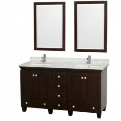 60 inch Double Bathroom Vanity in Espresso, White Carrera Marble Countertop, Undermount Square Sinks, and 24 inch Mirrors