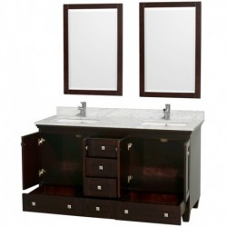 60 inch Double Bathroom Vanity in Espresso, White Carrera Marble Countertop, Undermount Square Sinks, and 24 inch Mirrors