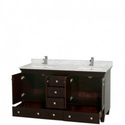 60 inch Double Bathroom Vanity in Espresso, White Carrera Marble Countertop, Undermount Square Sinks, and No Mirrors
